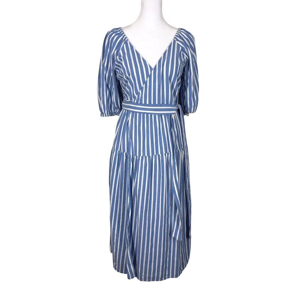 Old Navy Womens Wrap Midi Dress S Blue Striped V-Neck Coastal Beachy Nautical
